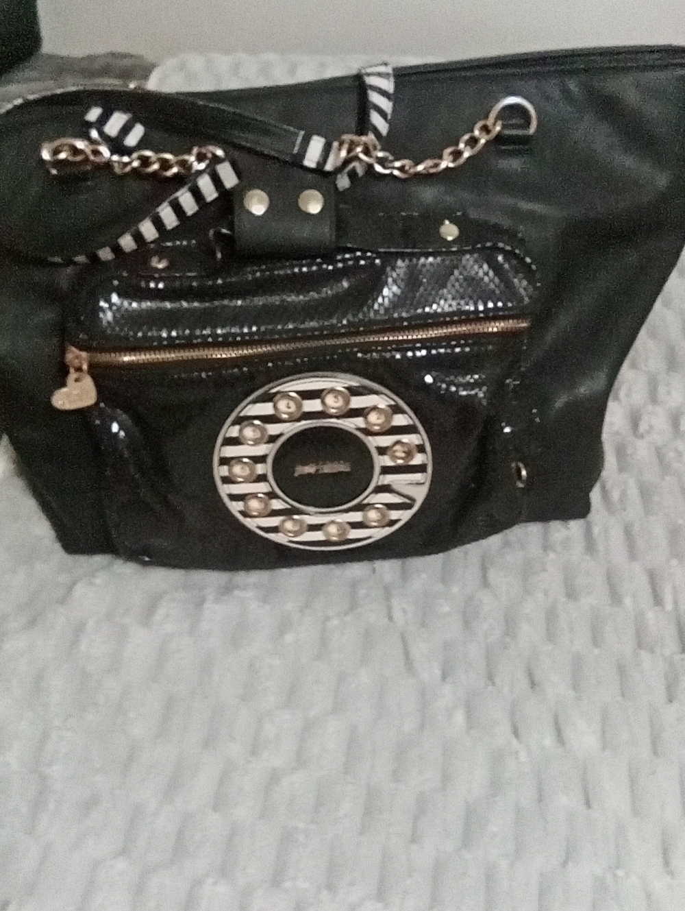 Betsey Johnson Black Patent Shoulder Bag with Gold Accent Hardware - Picture 2 of 4